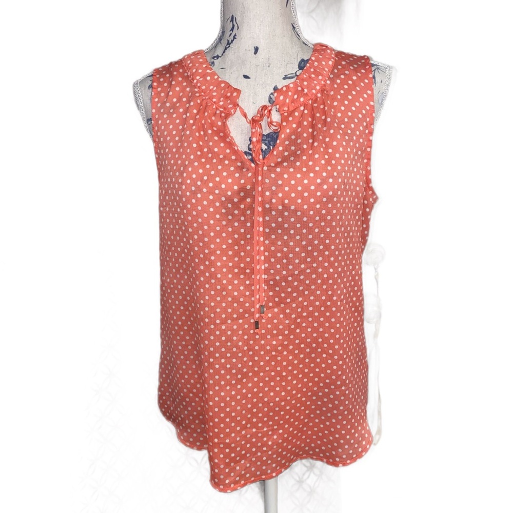 Sleeveless Peach Polka Dot Blouse | Size Medium | Keyhole Tie Front